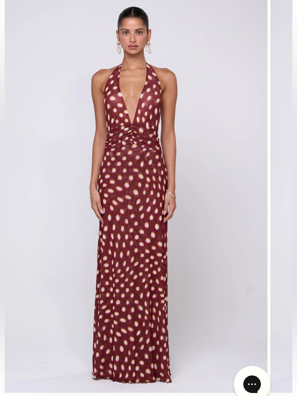 RESA Burgundy Halter Maxi Dress with Cream Dot Print